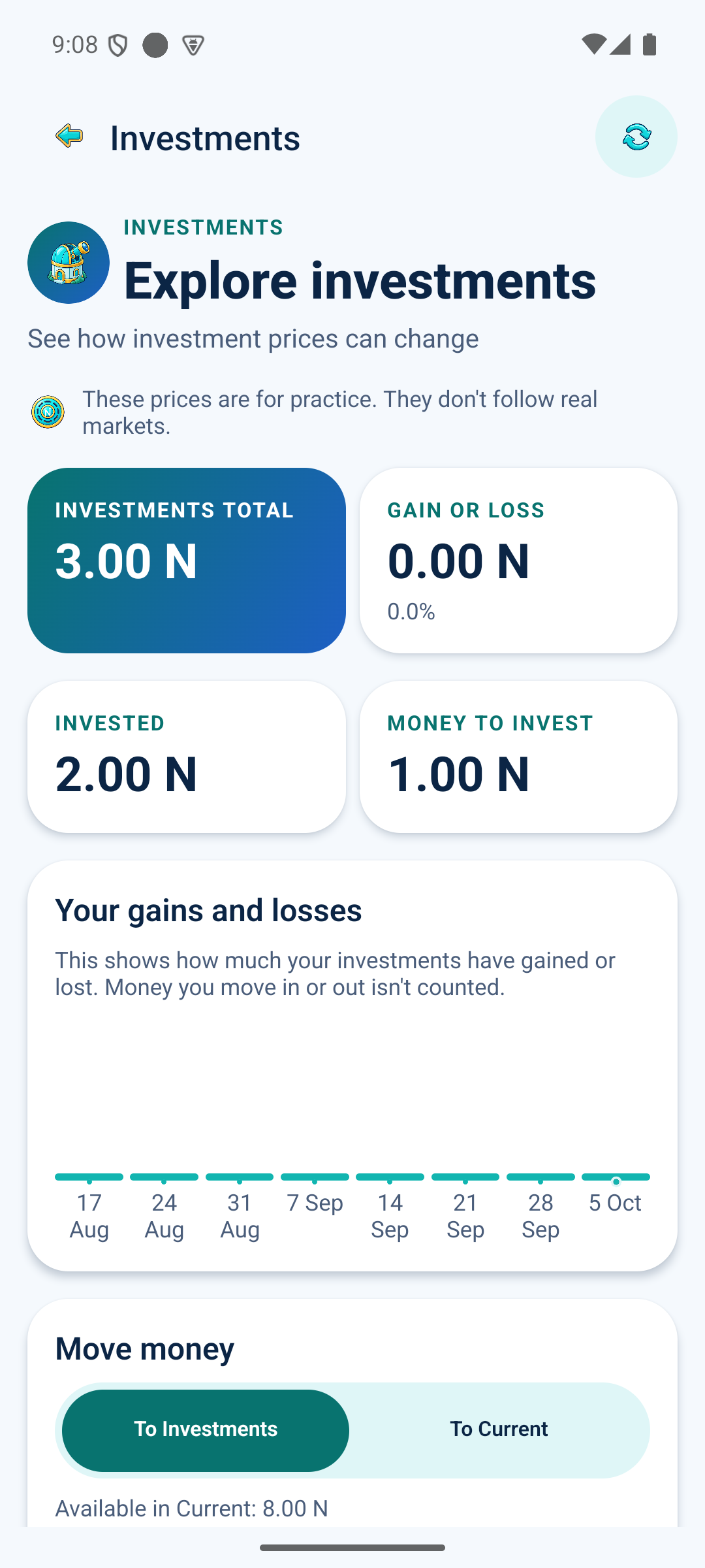 Kid View: Explore practice investments and gains or losses.
