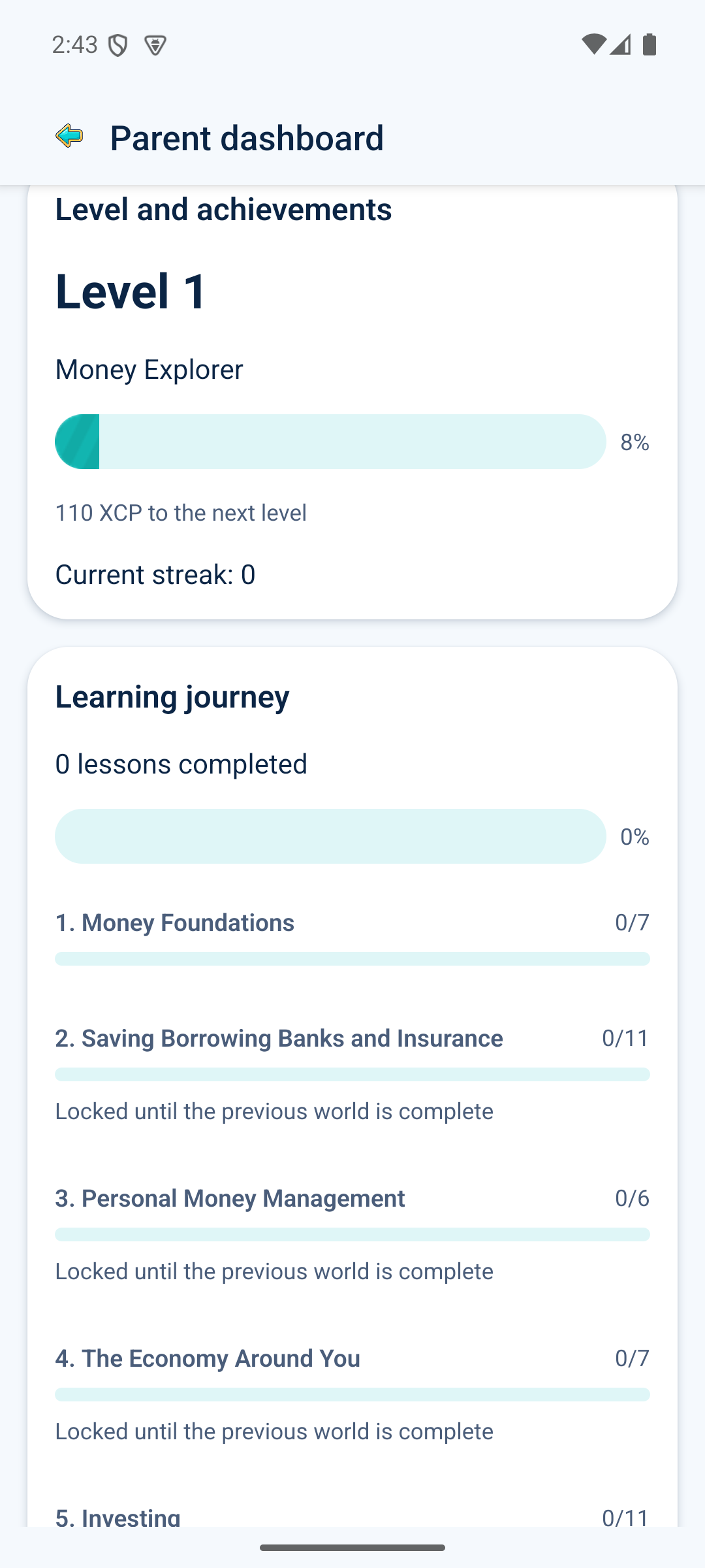 Parent View: Follow lessons and learning progress.