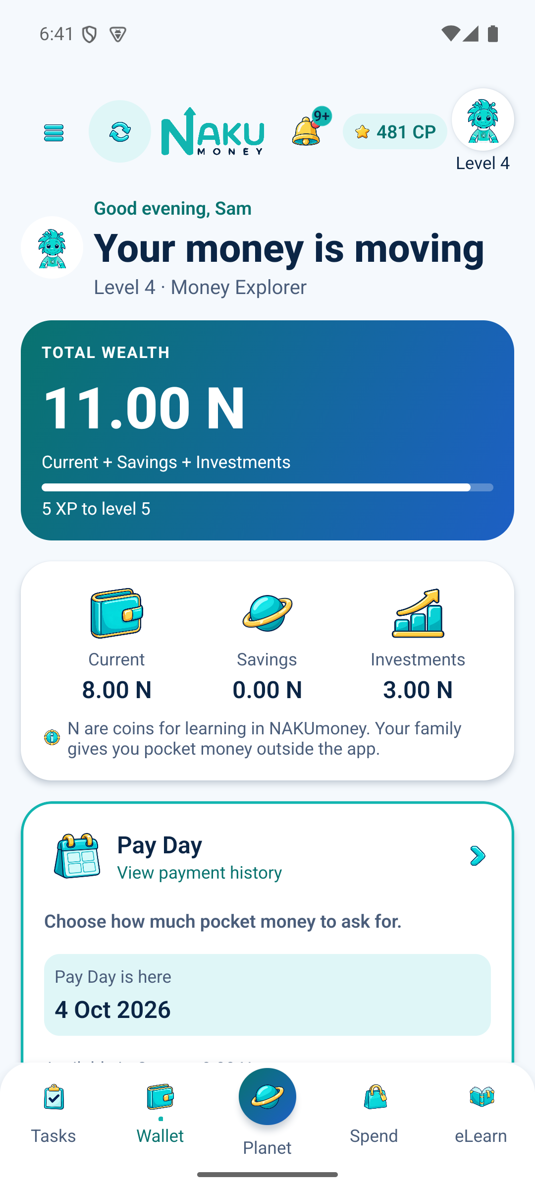 The NAKUmoney wallet showing virtual coins, savings and Pay Day